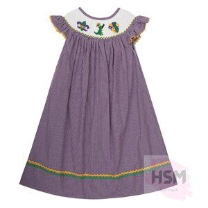 Smocked Plaid Mardi Gras Alligator Bishop Embroidery Purple Dress 1622